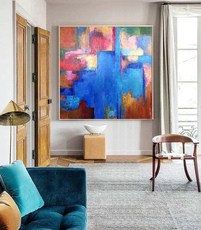 Painting Handmade Red Modern Blue Abstract Canvas Wall Art 829EK